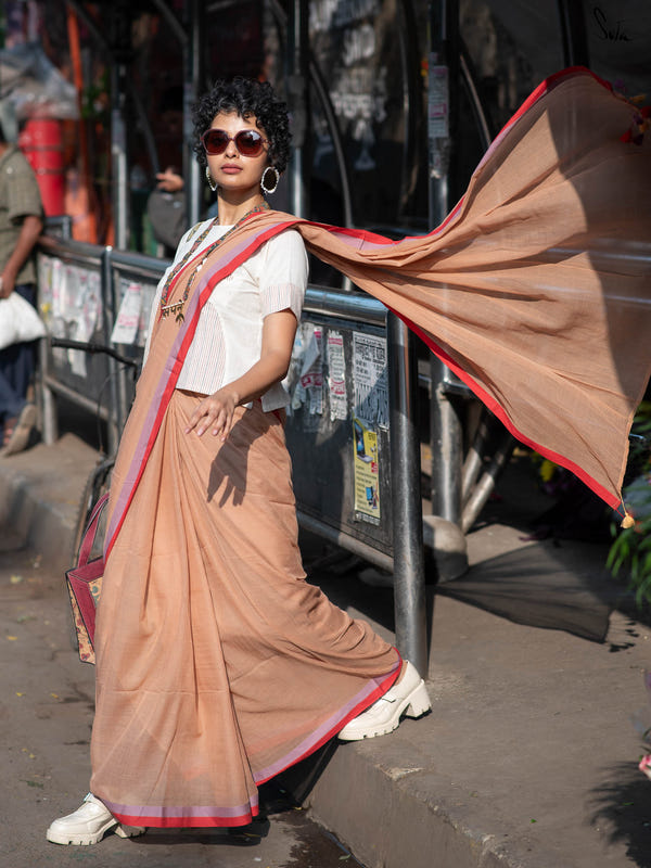 Suta Beige & Pink Pure Cotton Saree